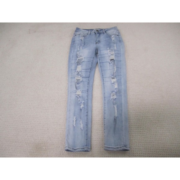 BAMBOO Denim - Bamboo Jeans Womens 7‎ Light Wash Blue Distressed Ripped Skinny Stretch Denim